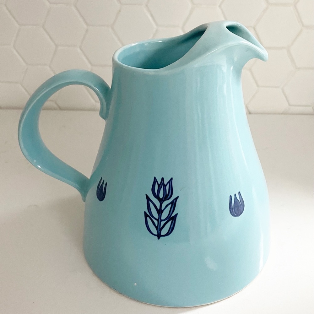 Vintage Cronin Blue Tulip Pottery juice pitcher, mid century water jug, USA